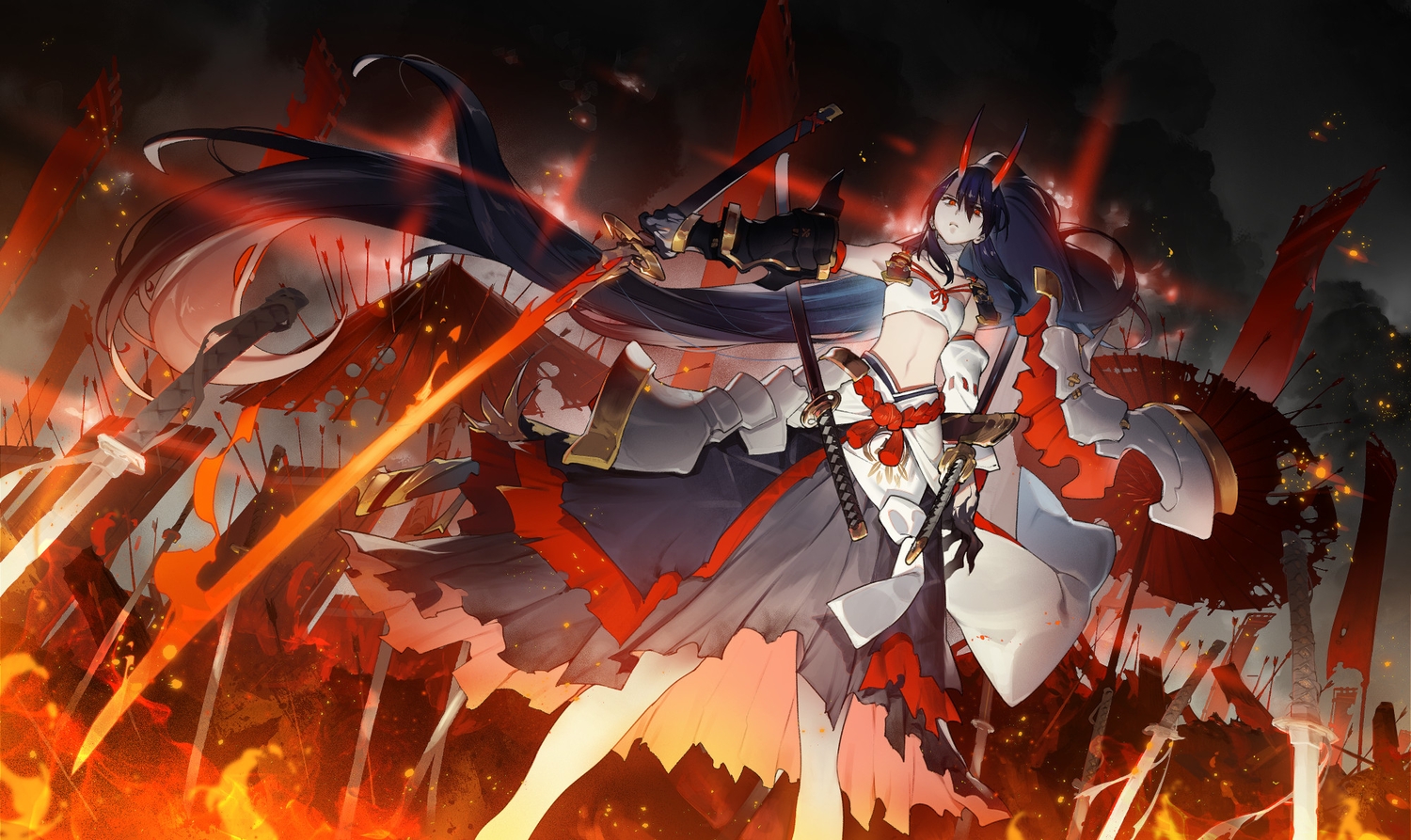 armor, fire, horns, katana, onmyouji, ryota-h, samurai, sword