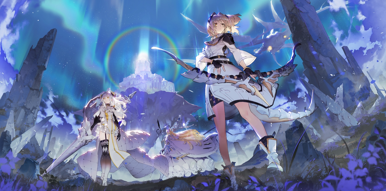 alchemy_stars, bethlehem_(alchemy_stars), bow_(weapon), carleen_(alchemy_stars), clouds, dress, ryota-h, sky