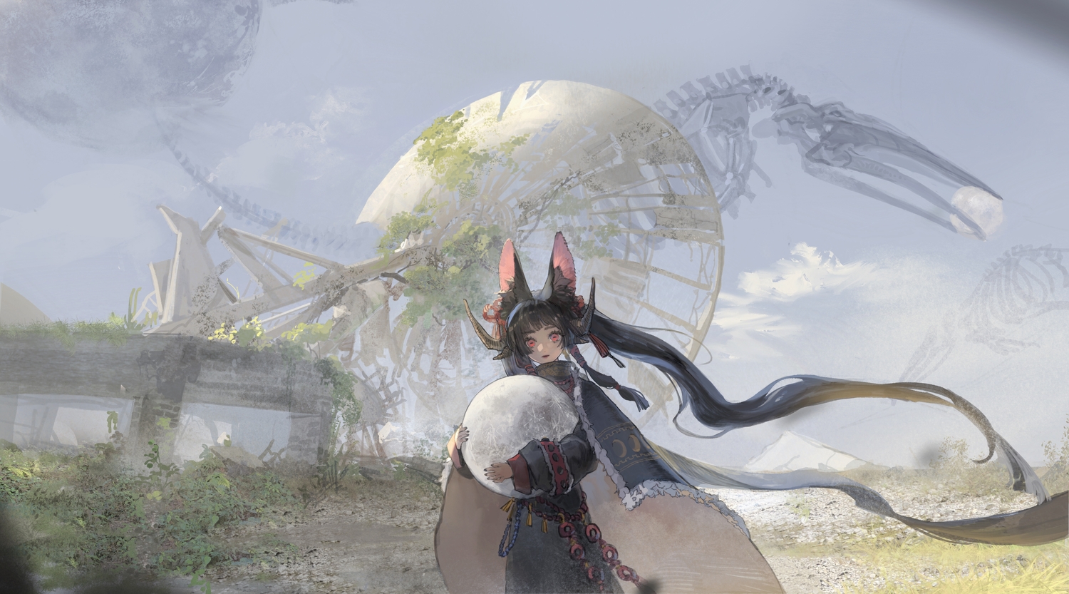 animal_ears, black_hair, cape, horns, kurii89800727, original, red_eyes, skull, twintails
