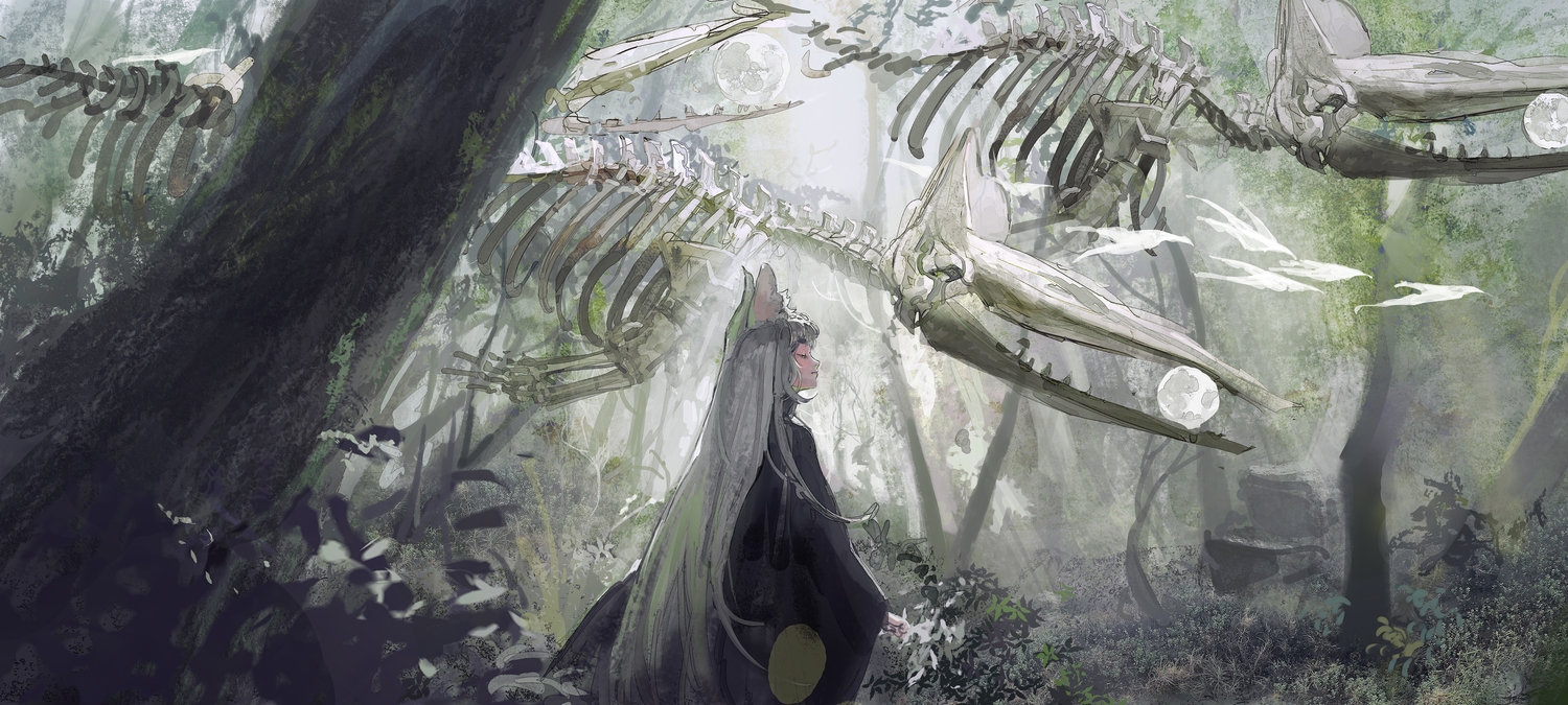 animal_ears, forest, gray_hair, kurii89800727, original, polychromatic, skull, tree