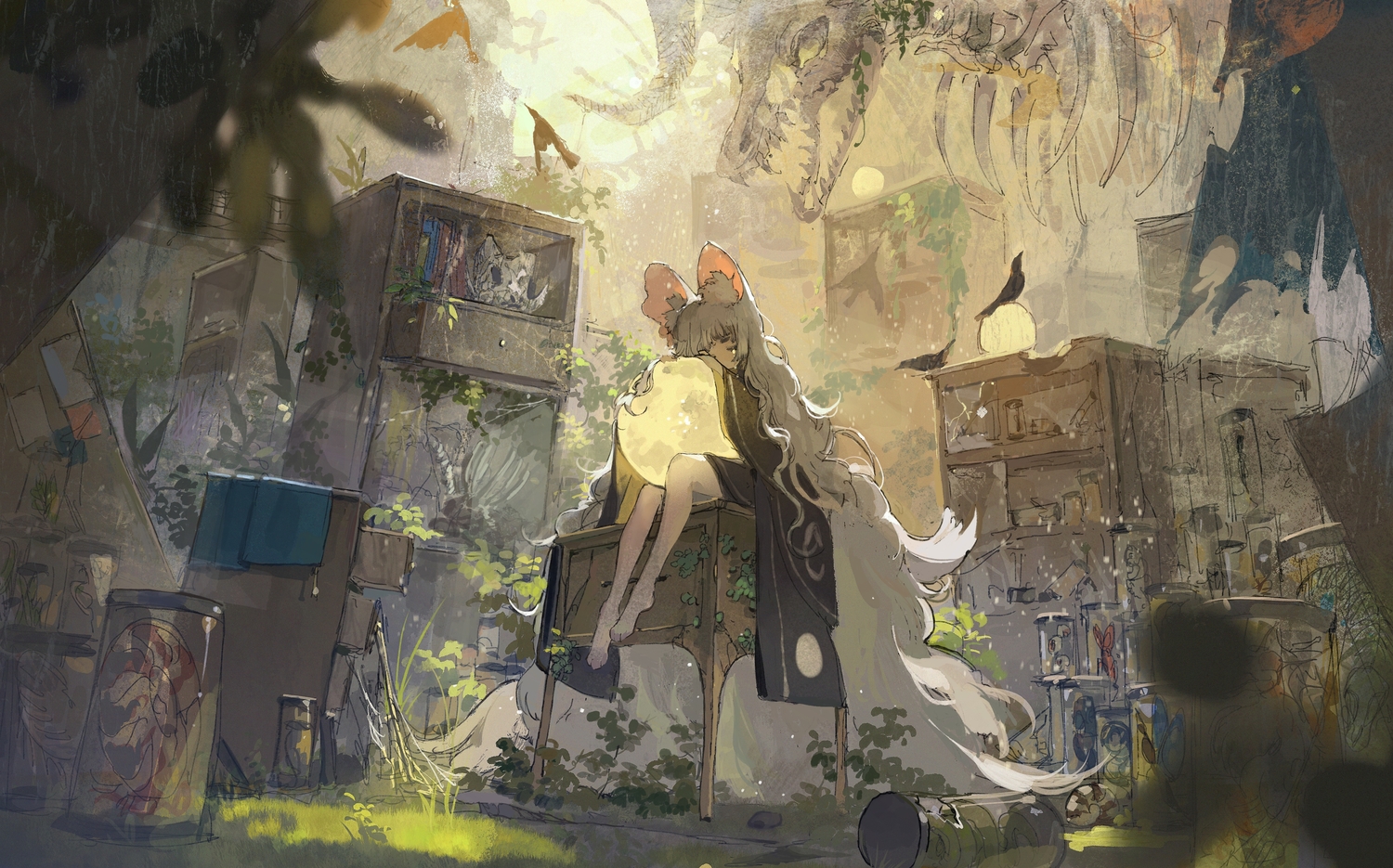 animal_ears, book, gray_hair, kurii89800727, long_hair, original, skull