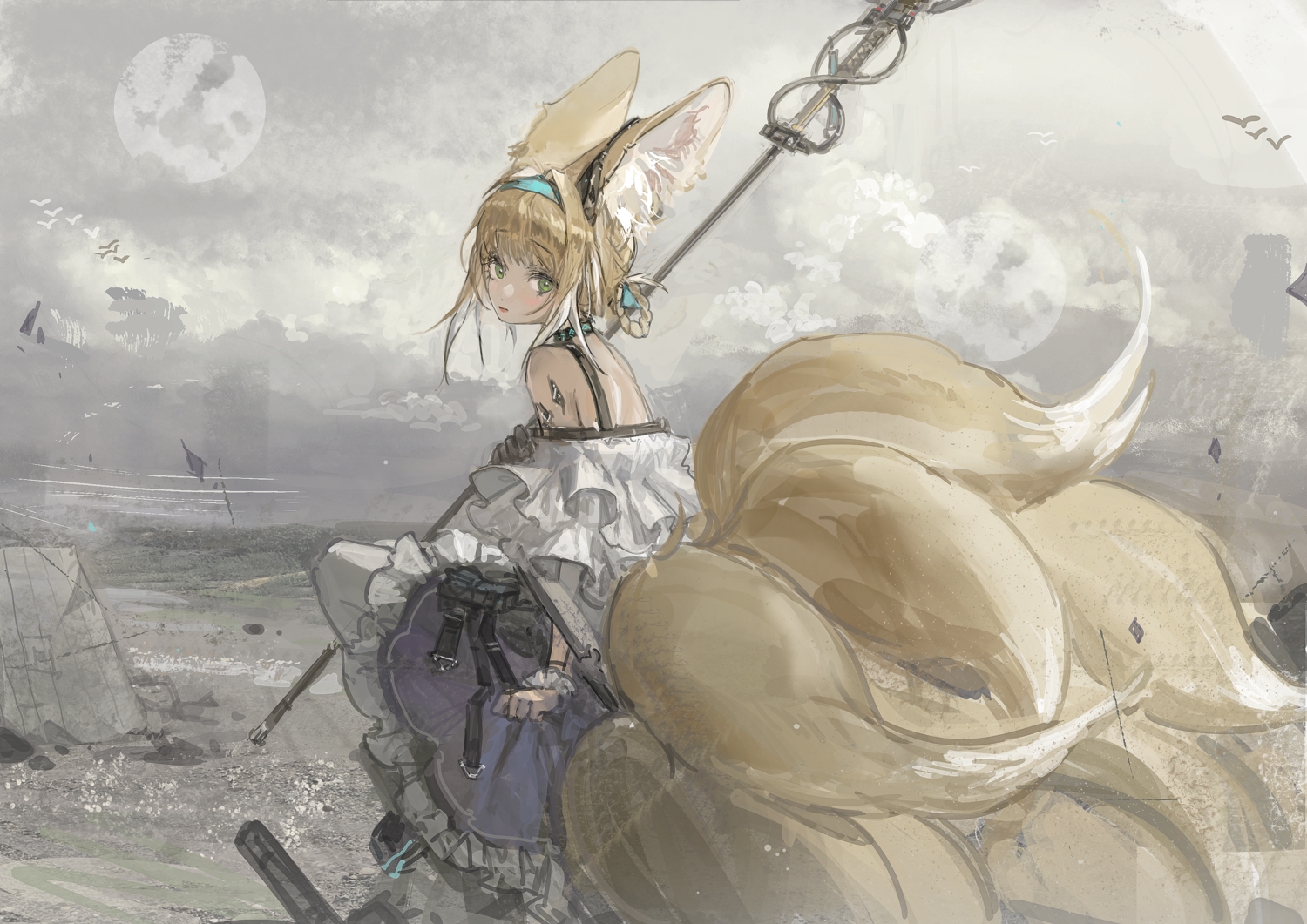 animal_ears, arknights, blonde_hair, braids, choker, foxgirl, green_eyes, headband, kurii89800727, multiple_tails, short_hair, sketch, suzuran_(arknights), tail