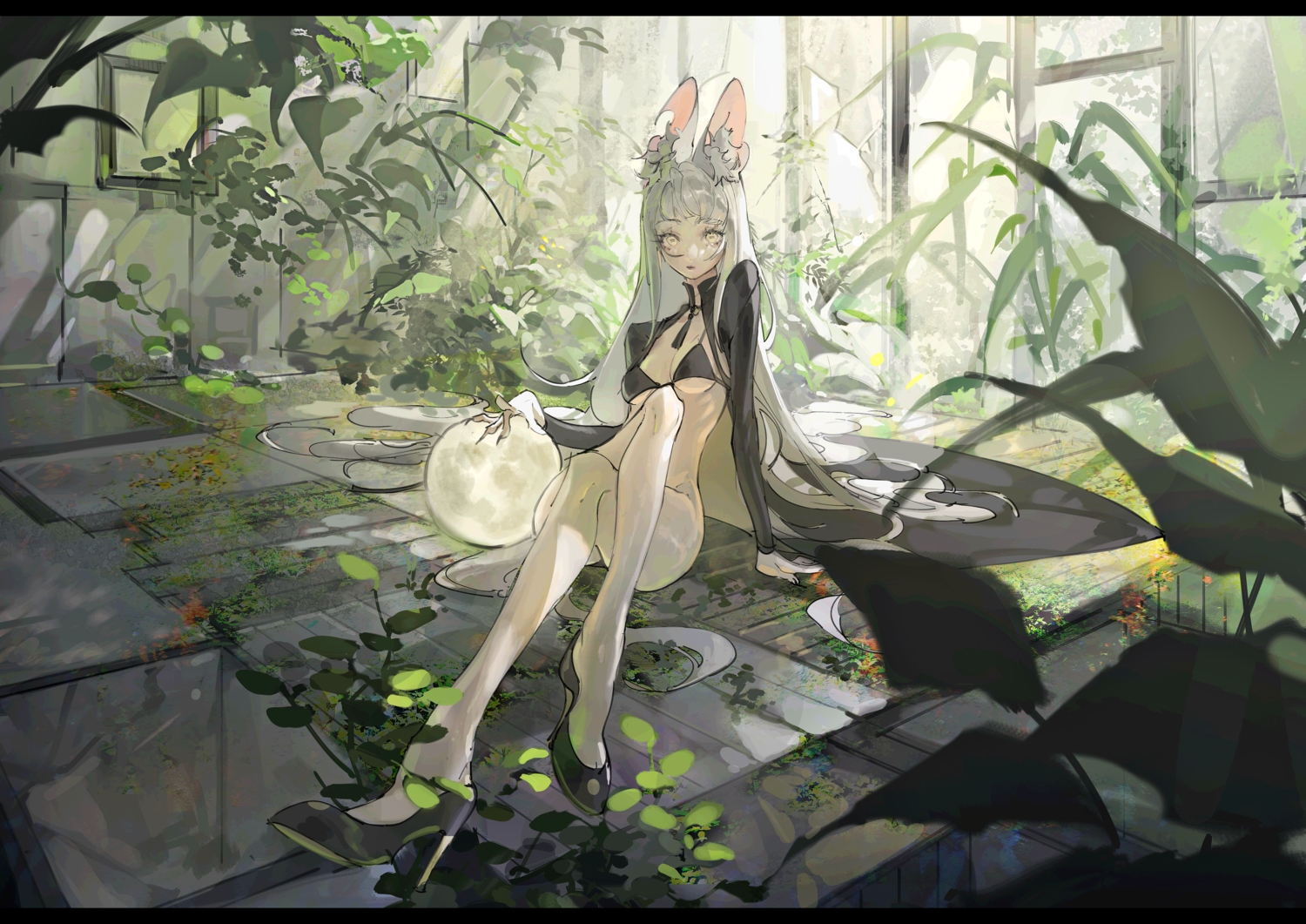 animal_ears, bikini_top, gray_hair, kurii89800727, long_hair, original, sketch