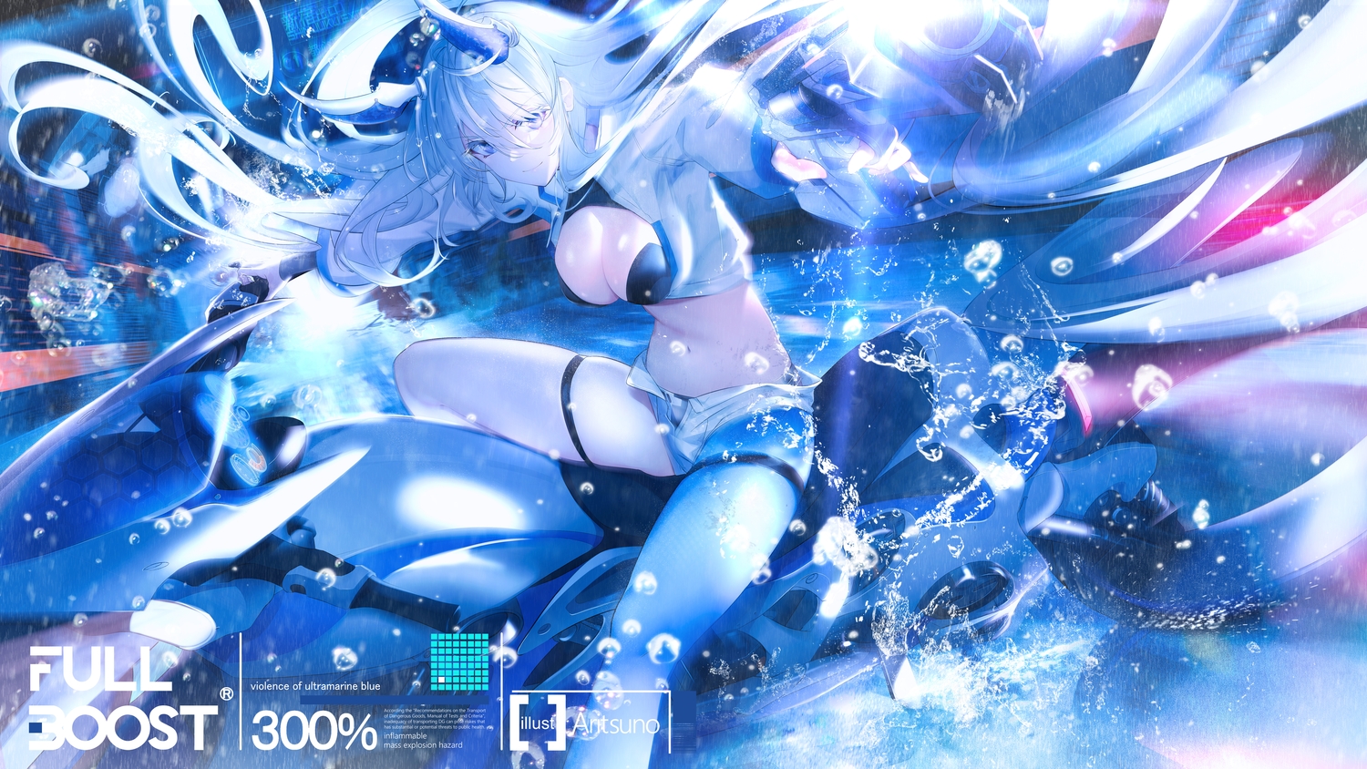 aritsuno, garter, gun, horns, long_hair, motorcycle, open_shirt, original