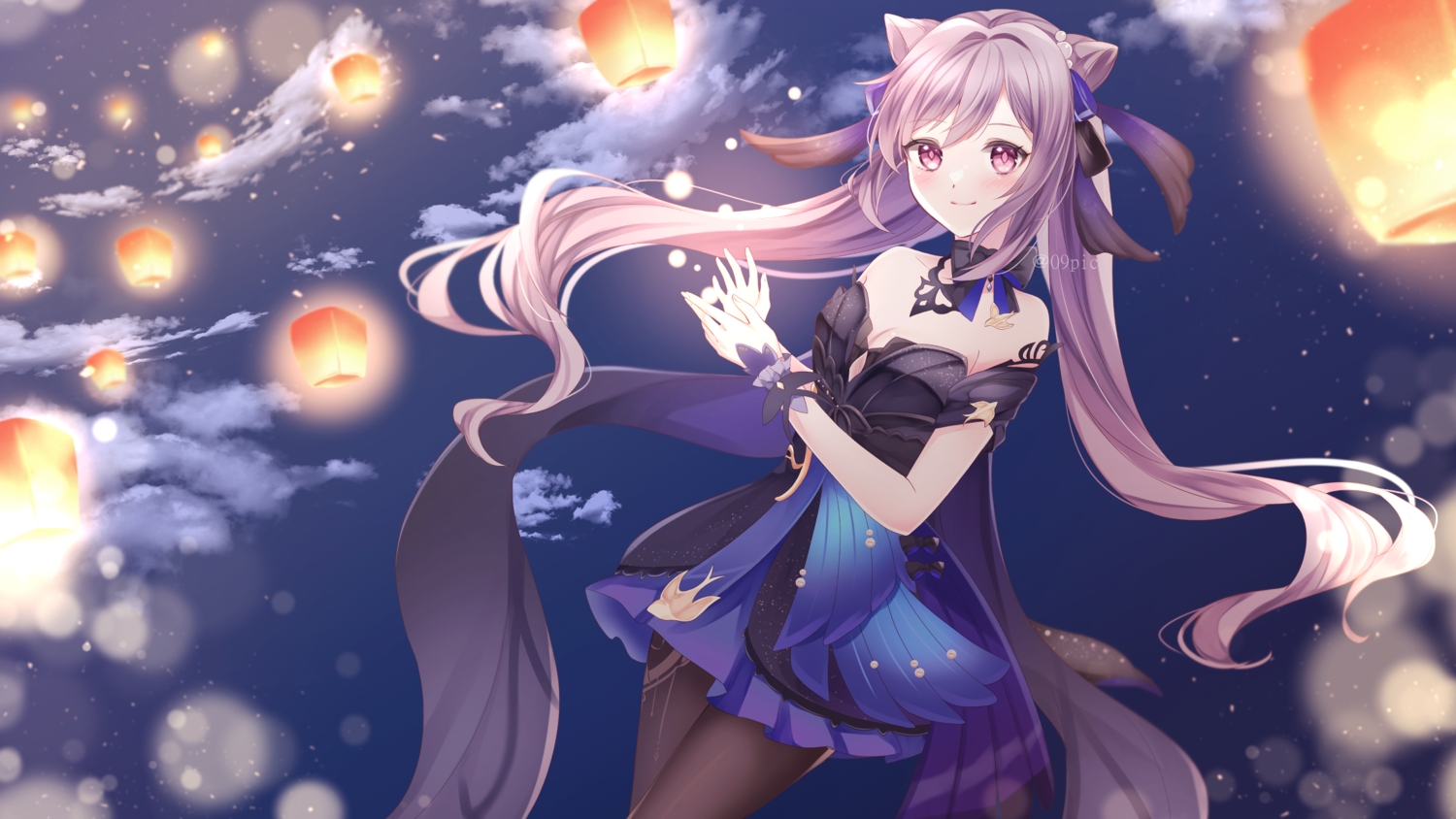 canary999, clouds, dress, genshin_impact, keqing_(genshin_impact), pantyhose, purple_eyes, purple_hair