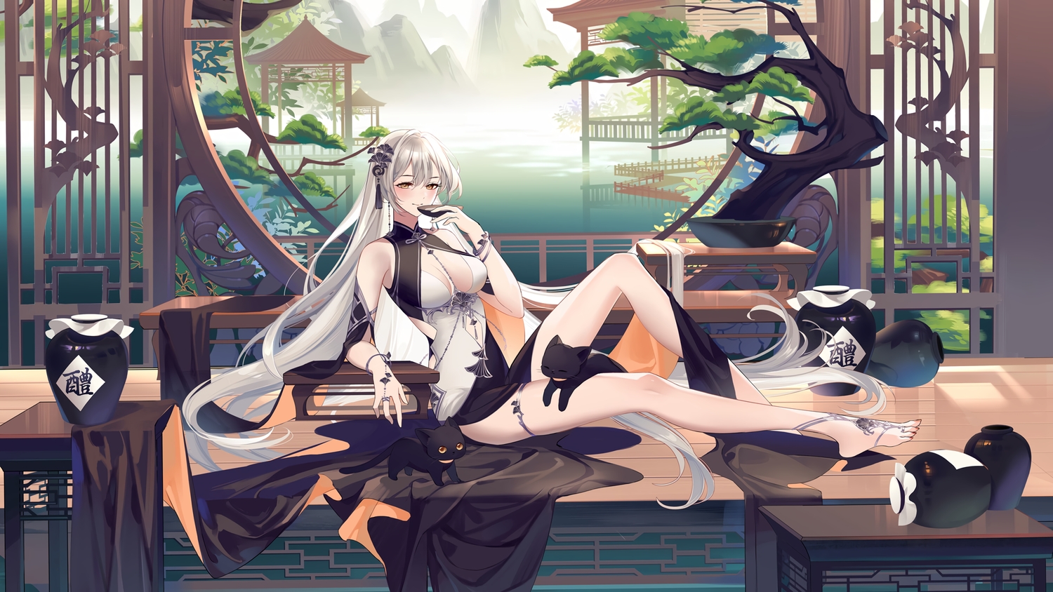 animal, ao_la_xing, barefoot, brown_eyes, cat, dress, drink, gray_hair