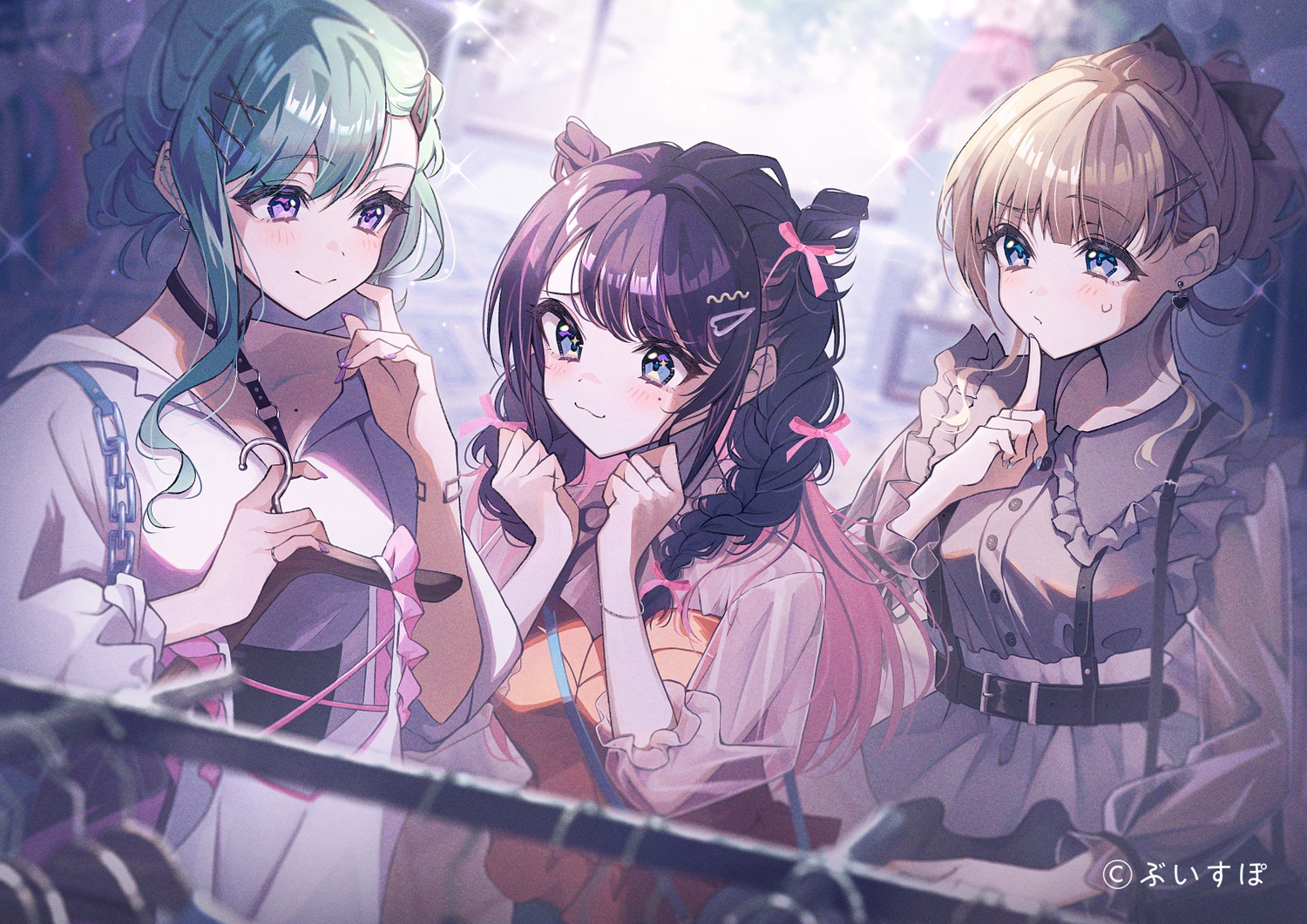 aqua_hair, brown_hair, cat_smile, hanabusa_lisa, kaga_nazuna, long_hair, ponytail, purple_eyes