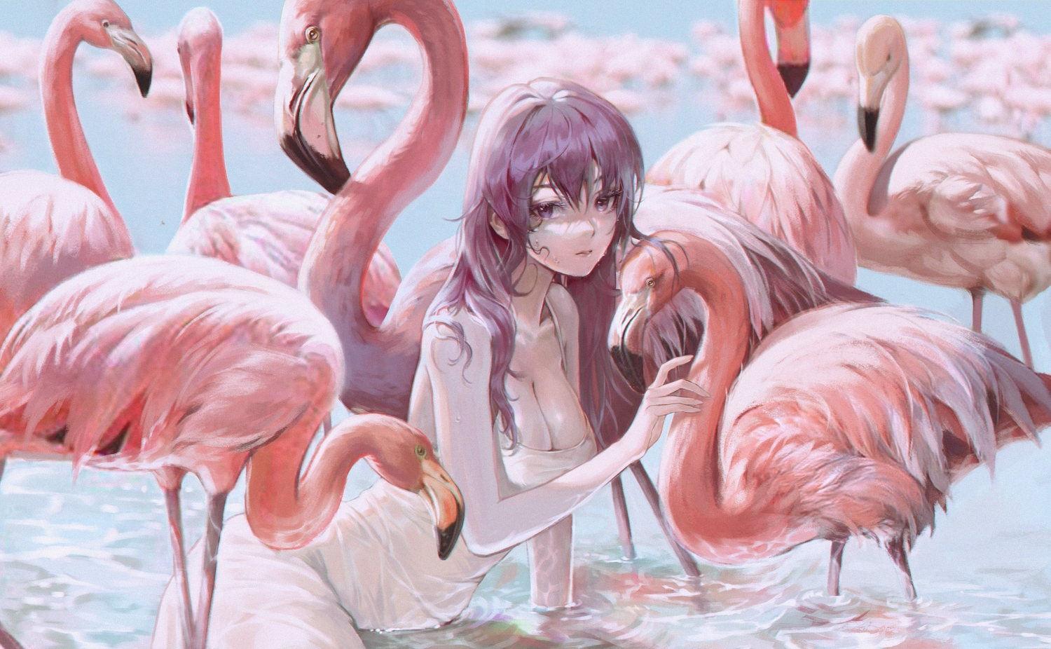 animal, bird, breasts, cleavage, long_hair, original, purple_eyes, purple_hair, sub_chon9, water, wet