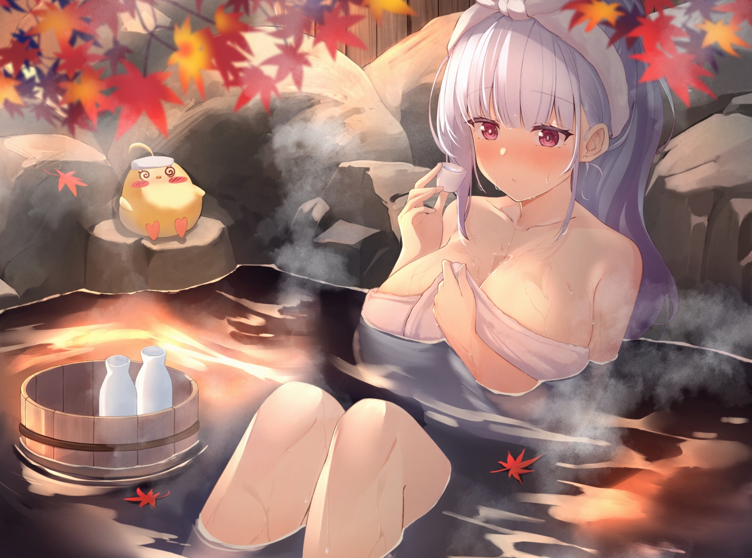 animal, anthropomorphism, autumn, azur_lane, bird, breast_hold, dido_(azur_lane), drink, gray_hair, kanno_esuto, leaves, long_hair, manjuu_(azur_lane), onsen, purple_hair, sake, water