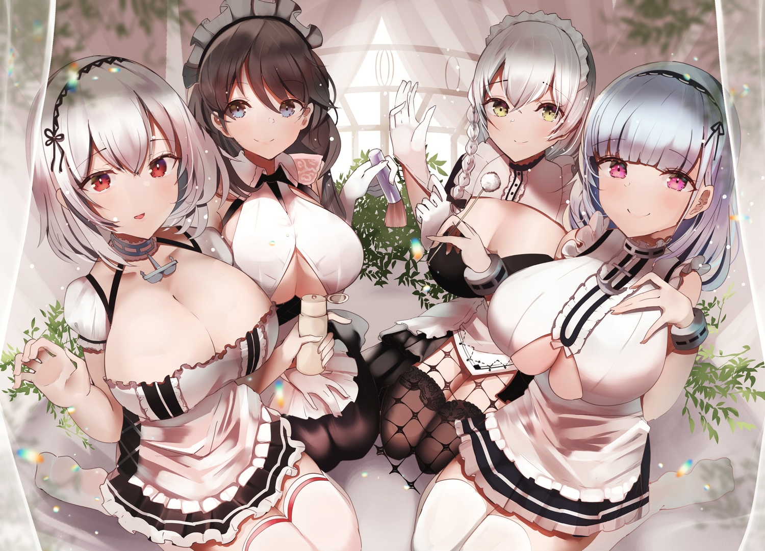 anthropomorphism, azur_lane, blue_eyes, braids, brown_hair, charybdis_(azur_lane), dido_(azur_lane), elroud0050, gloves, gray_hair, group, headband, hermione_(azur_lane), maid, purple_eyes, red_eyes, sirius_(azur_lane), thighhighs