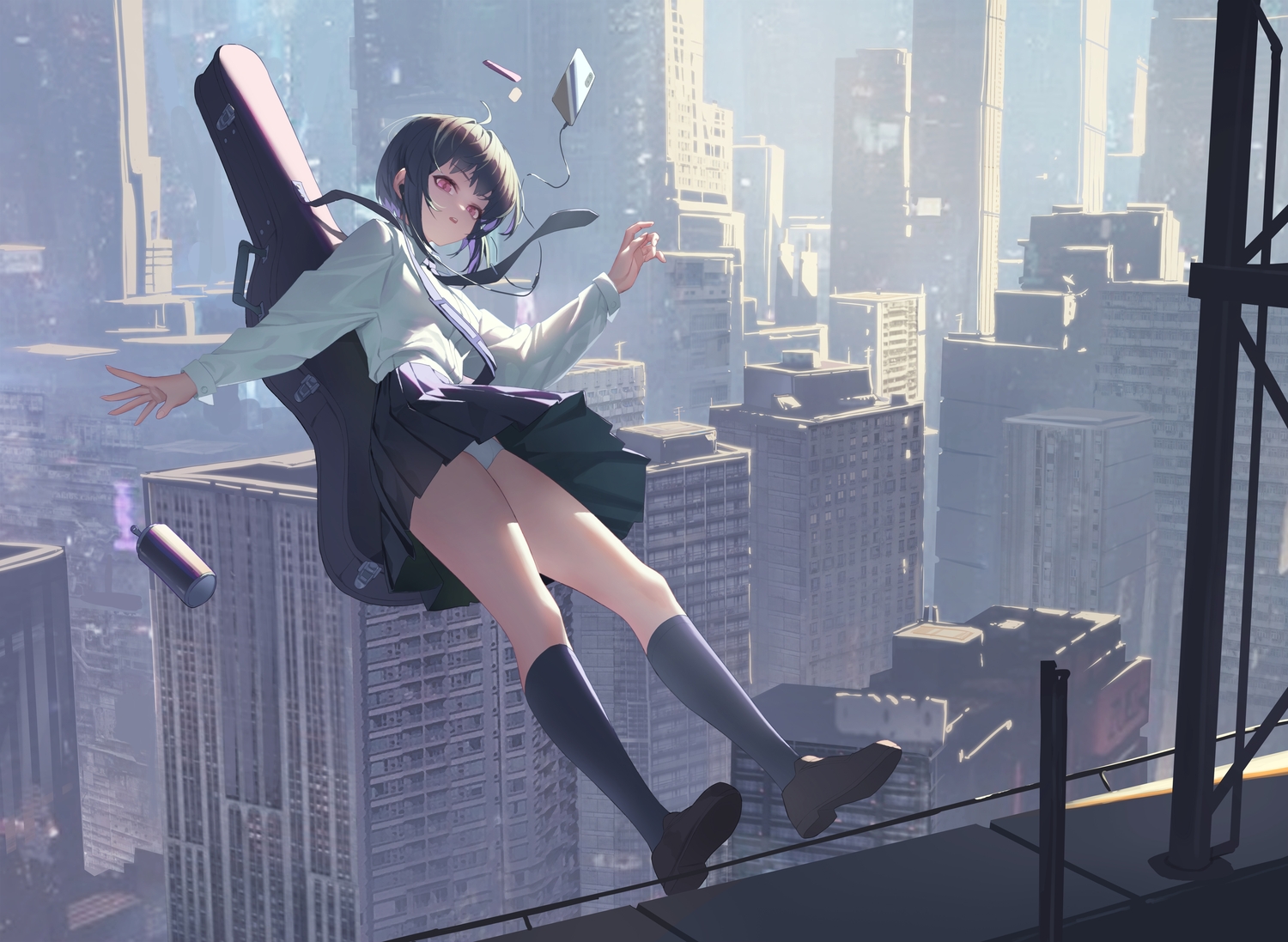 building, city, headphones, kneehighs, original, panties, phone, pink_eyes