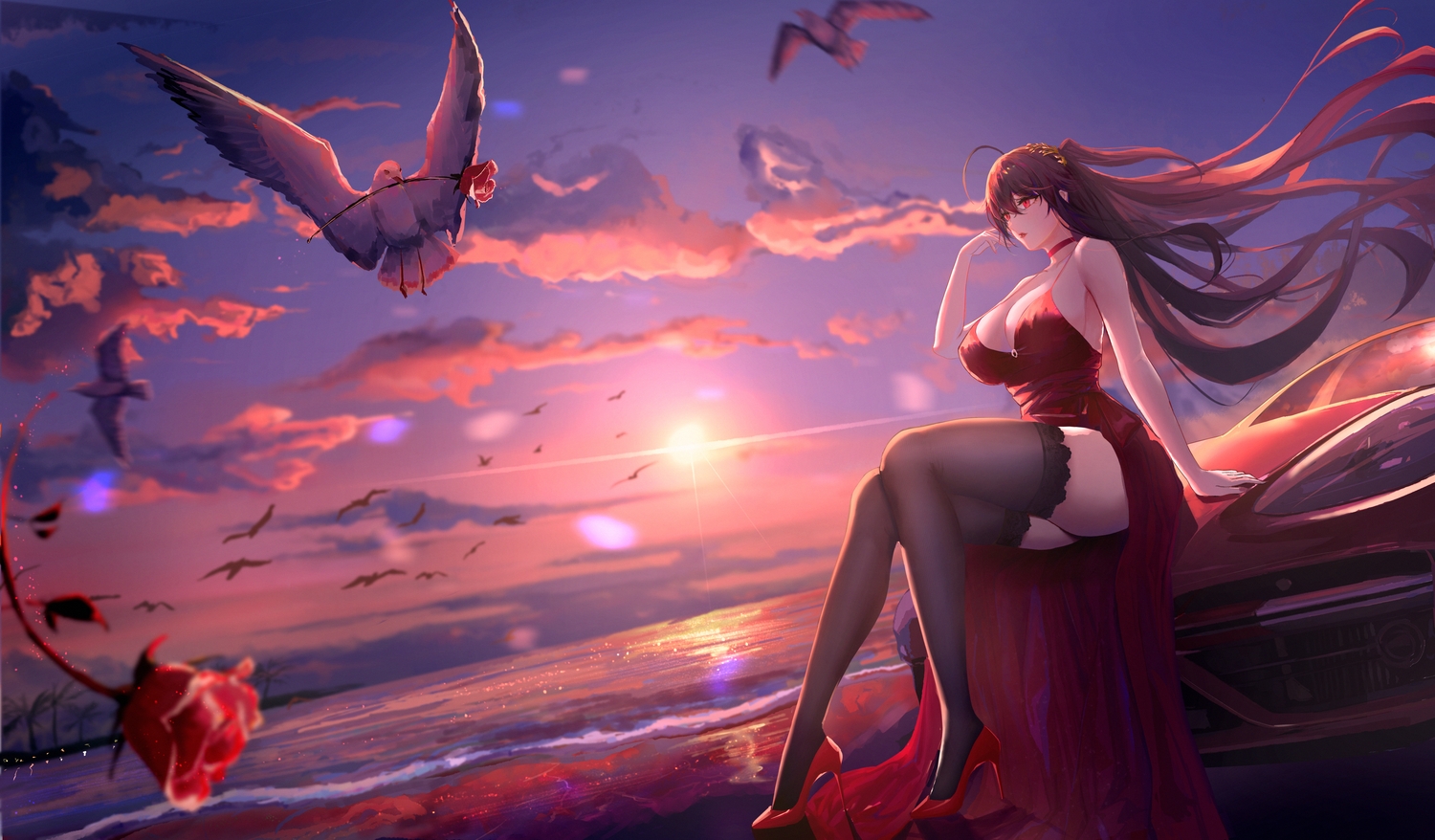 animal, anthropomorphism, azur_lane, beach, bird, breasts, brown_hair, car, cleavage, dido_(magicc), dress, flowers, long_hair, red_eyes, rose, sunset, taihou_(azur_lane), thighhighs, water