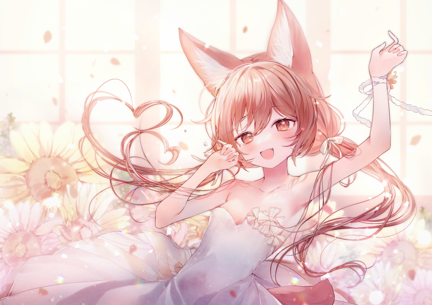 aliasing, animal_ears, brown_eyes, brown_hair, dress, fang, flowers, long_hair