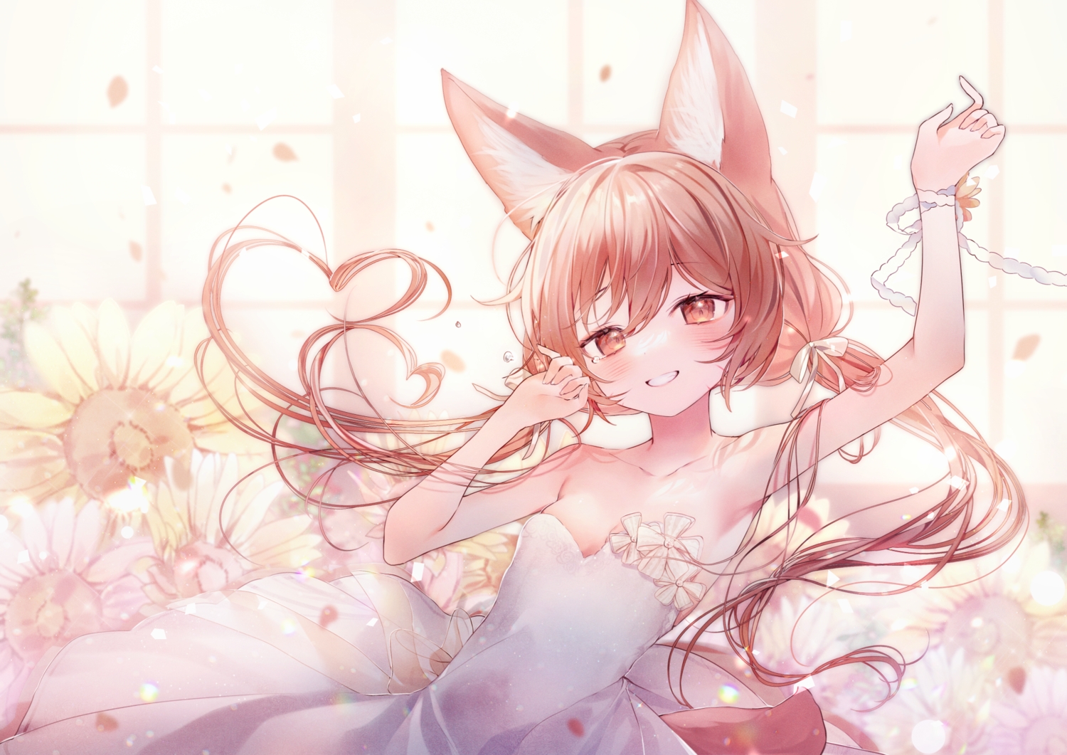 aliasing, animal_ears, brown_eyes, brown_hair, dress, flowers, long_hair, no_bra, simio_rou, sunflower, tail, tales_runner, twintails