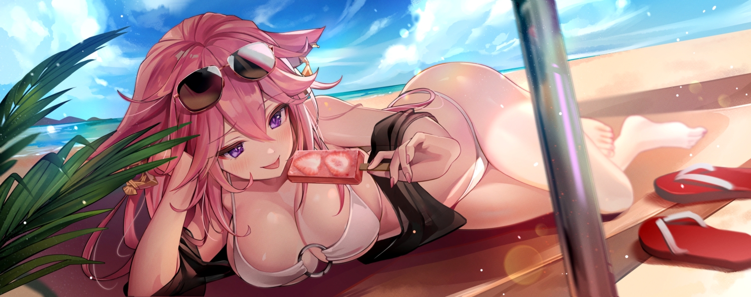 animal_ears, barefoot, beach, bikini, blush, breasts, cleavage, clouds, food, foxgirl, fruit, genshin_impact, long_hair, luna_nyann, pink_hair, popsicle, purple_eyes, shade, sky, strawberry, sunglasses, swimsuit, yae_miko