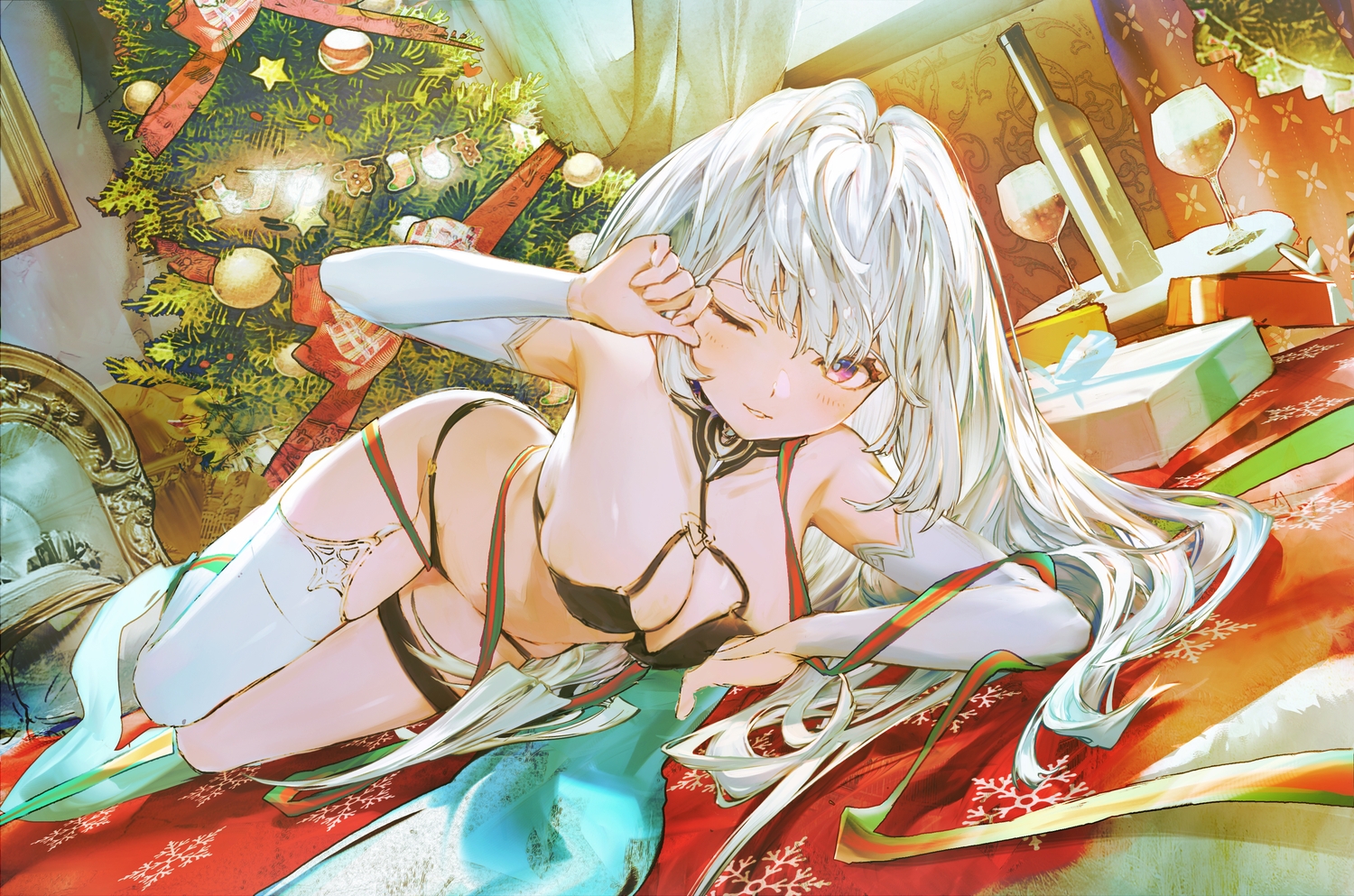 blush, bra, christmas, g141, long_hair, panties, purple_eyes, stockings, underwear, white_hair, wink