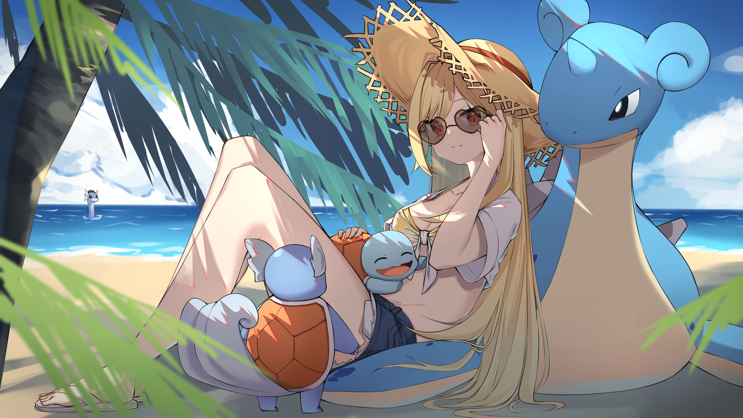 beach, bikini_top, blonde_hair, clouds, dragonair, hat, jingburger, lapras, long_hair, open_shirt, pokemon, red_eyes, sky, squirtle, sunglasses, tree, waktaverse, wartortle, water, ziro_(zirorong)