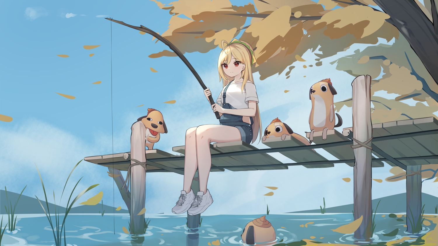 animal, blonde_hair, jingburger, long_hair, red_eyes, waktaverse, water, ziro_(zirorong)
