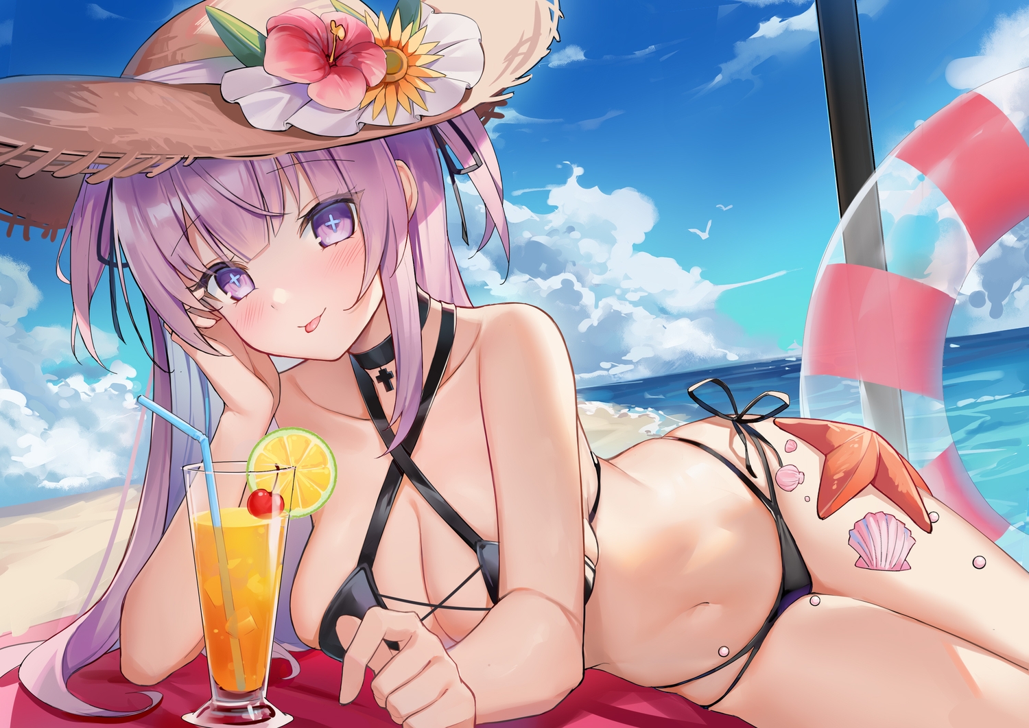 beach, blush, breasts, cherry, choker, cleavage, clouds, cross