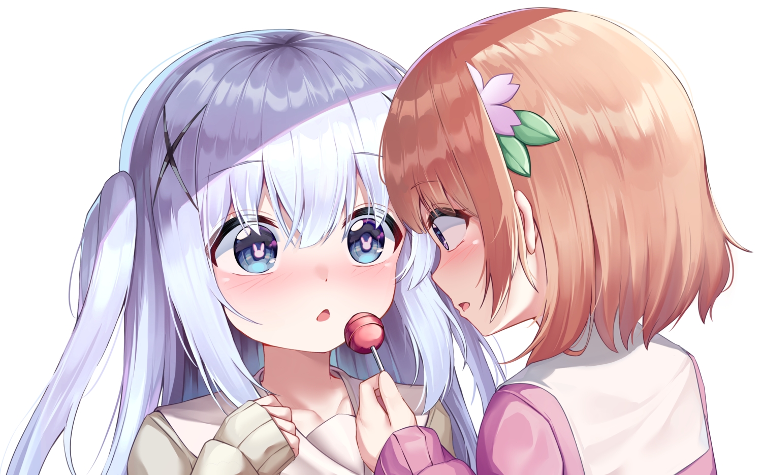 2girls, aqua_eyes, blue_hair, blush, brown_hair, candy, close, gochuumon_wa_usagi_desu_ka?