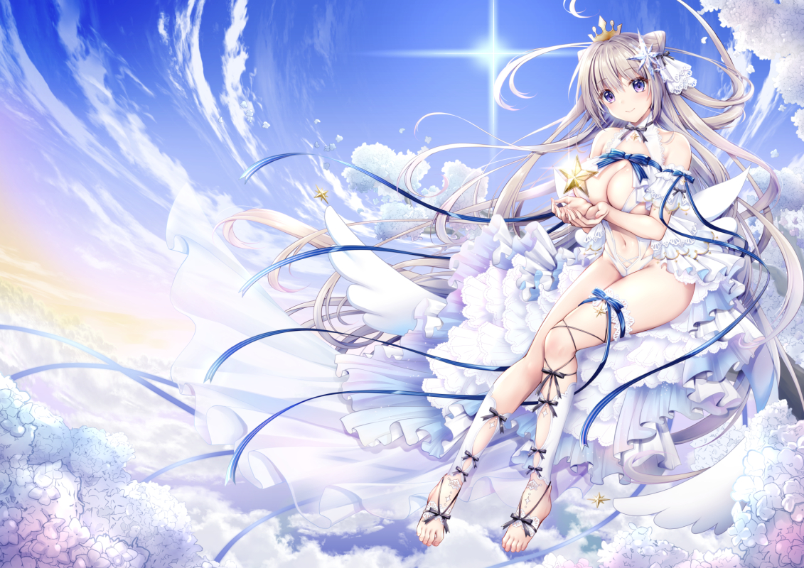breasts, cleavage, clouds, garter, geko_ohoshisama, gray_hair, long_hair, no_bra