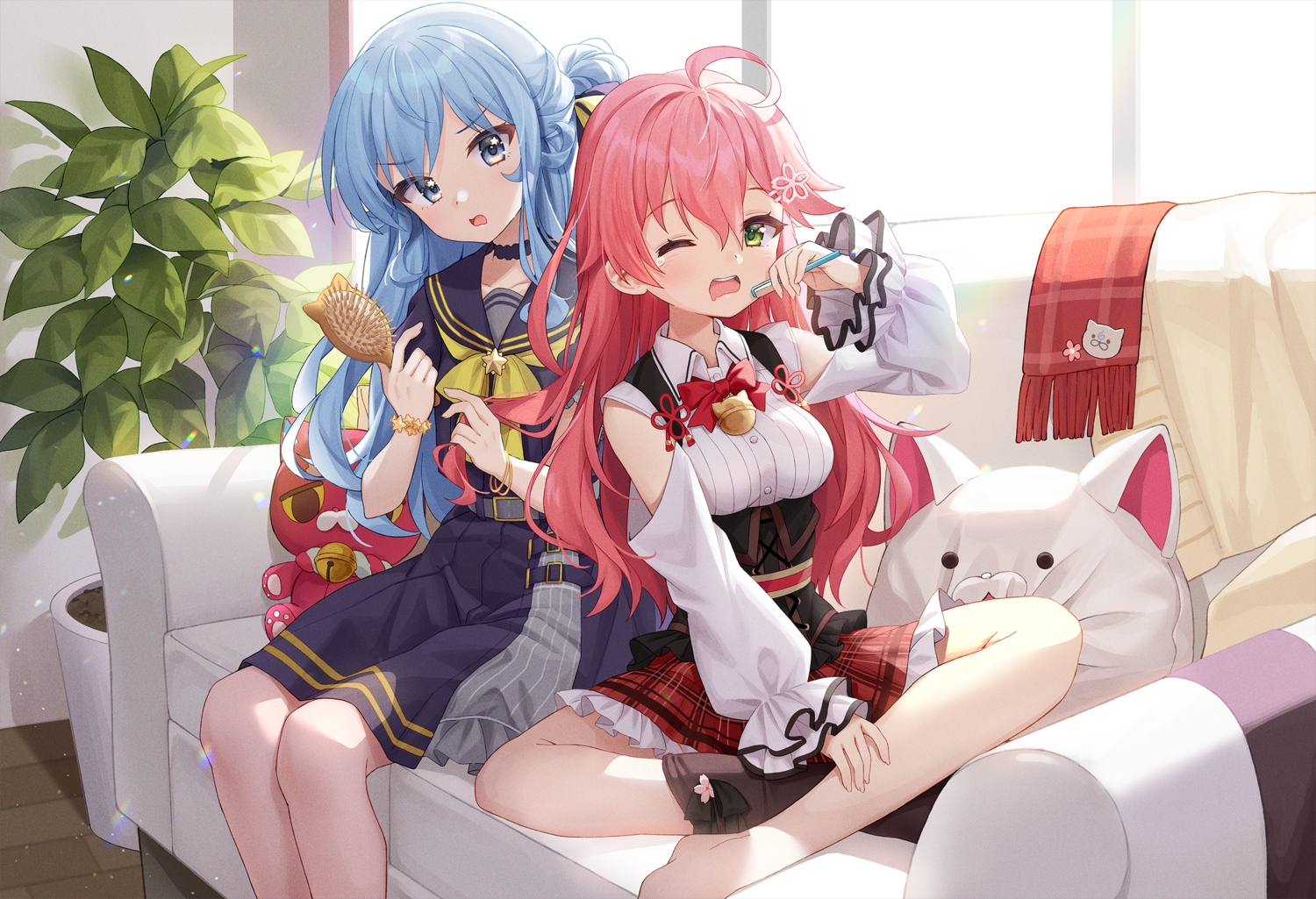 2girls, chobi_(penguin_paradise), couch, hololive, hoshimachi_suisei, long_hair, sakura_miko, school_uniform