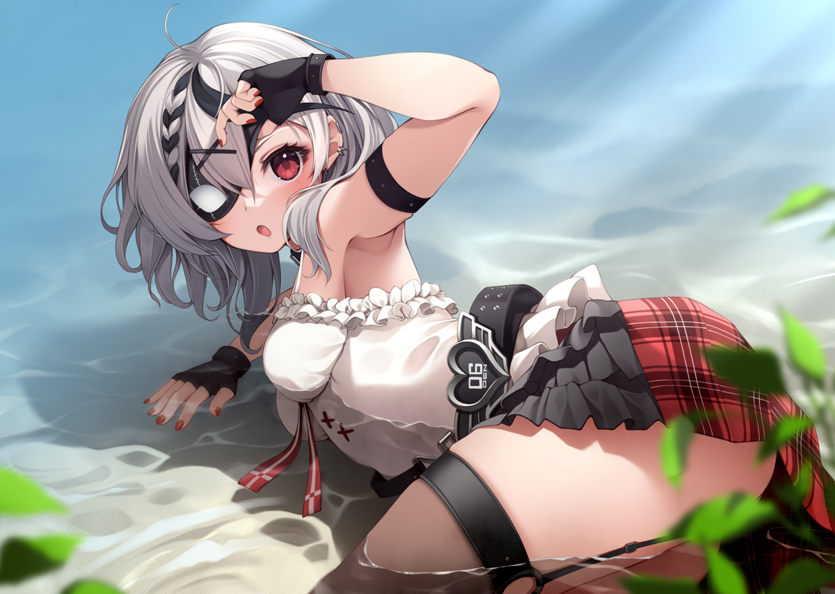 braids, eyepatch, gloves, gray_hair, hololive, mofu_namako, red_eyes, sakamata_chloe