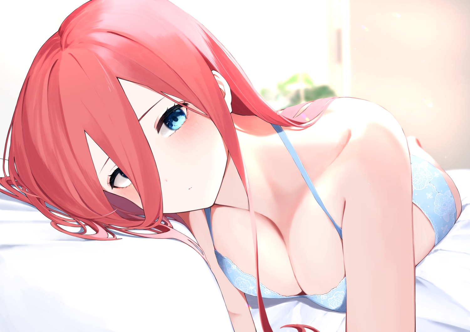 aqua_eyes, bed, bra, close, go-toubun_no_hanayome, jun_(30409972), long_hair, nakano_miku, panties, red_hair, underwear