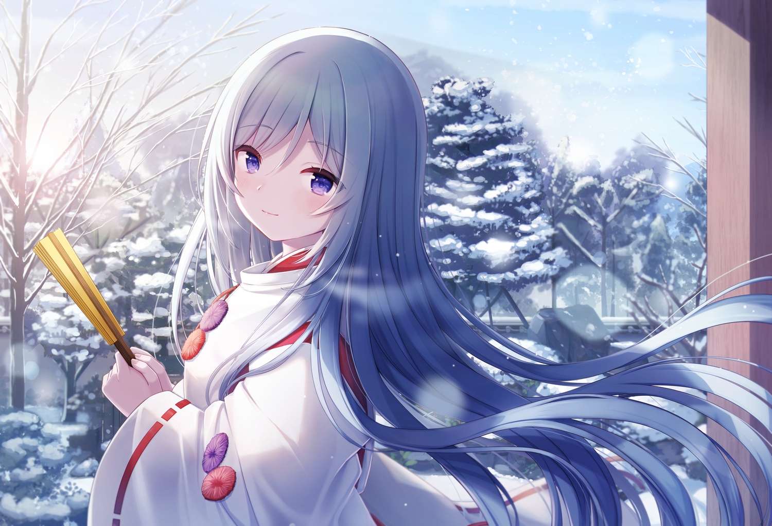 emori_miku, fan, japanese_clothes, kon_hoshiro, livercity, miko, snow, winter