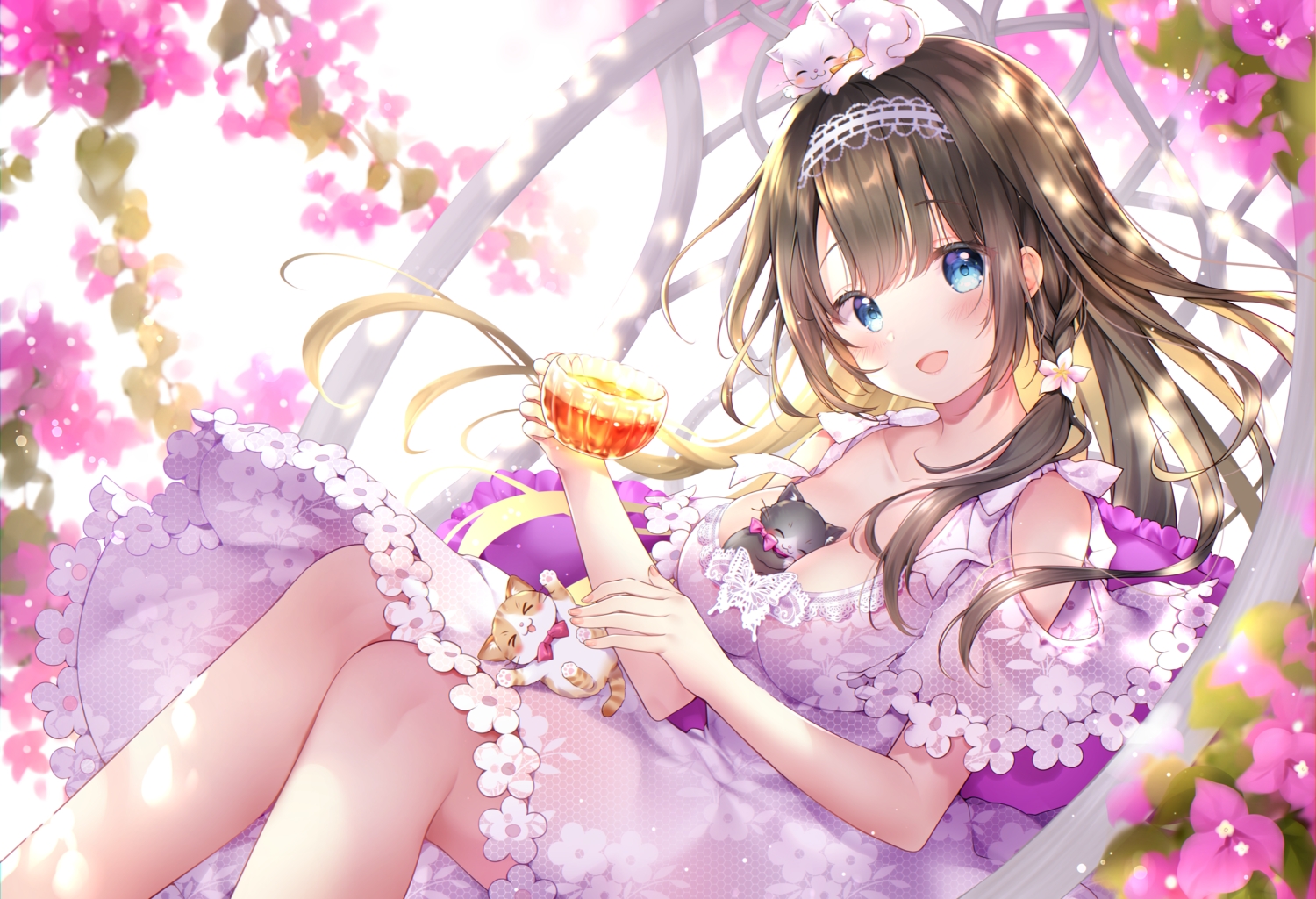 animal, blue_eyes, blush, breasts, brown_hair, cat, cleavage, dress