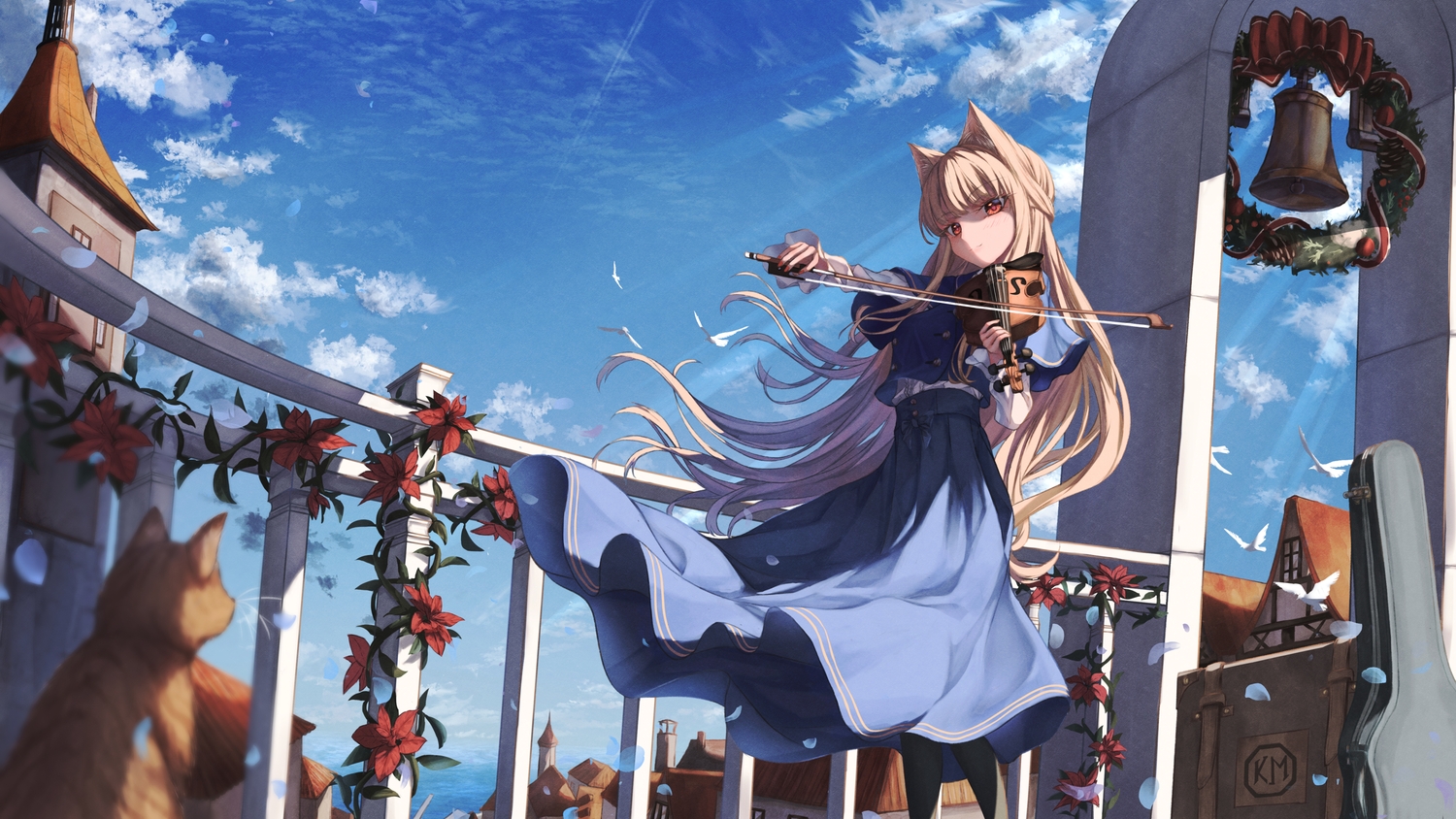 amane_utata, animal, animal_ears, bell, bird, brown_hair, building, cat, christmas, clouds, flowers, instrument, long_hair, original, red_eyes, shirt, skirt, sky, violin