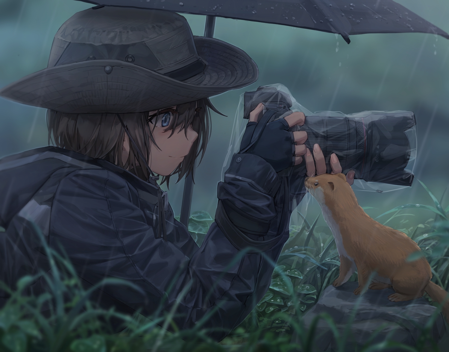 animal, blue_eyes, brown_hair, camera, gloves, grass, hat, original, rain, umbrella, water, yohan1754