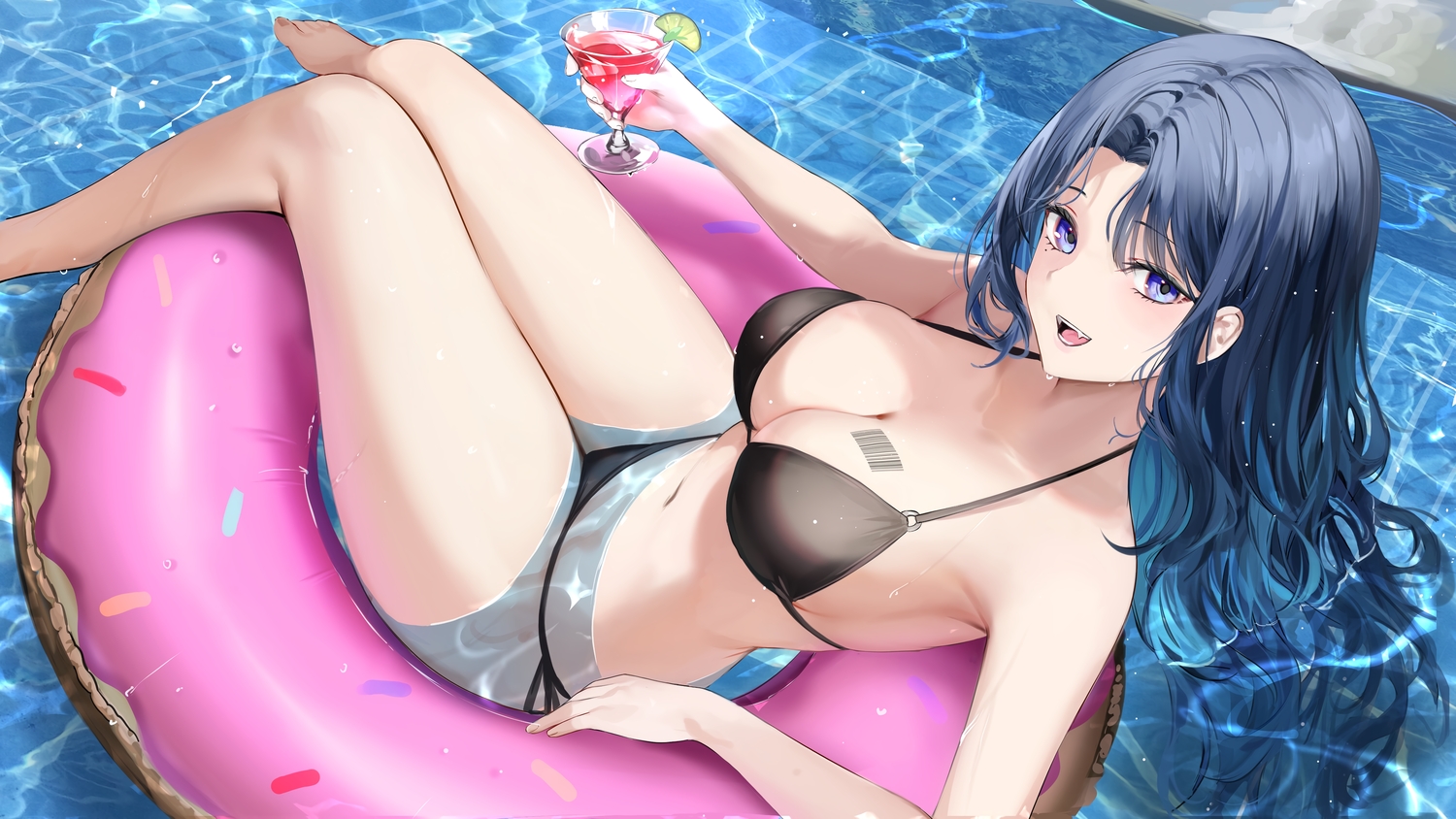 barefoot, bikini, blue_eyes, blush, breasts, cleavage, drink, fang