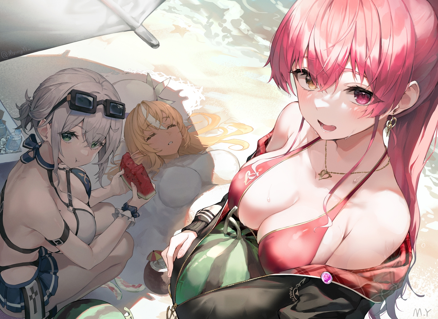 beach, bicolored_eyes, bikini, blonde_hair, blush, breasts, cleavage, food, fruit, goggles, gray_hair, green_eyes, hololive, houshou_marine, myung_yi, necklace, pointed_ears, red_hair, shade, shiranui_flare, shirogane_noel, signed, skirt, sleeping, summer, swimsuit, water, watermelon, wet