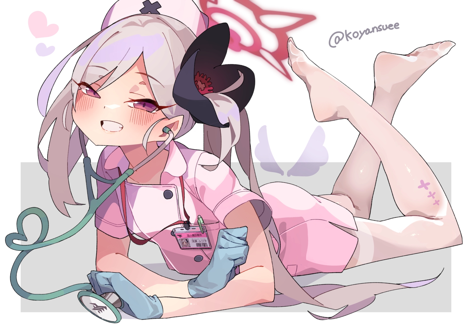 asagi_mutsuki, barefoot, blue_archive, gloves, gray_hair, halo, koyansuee, nurse, pointed_ears, ponytail, purple_eyes, signed