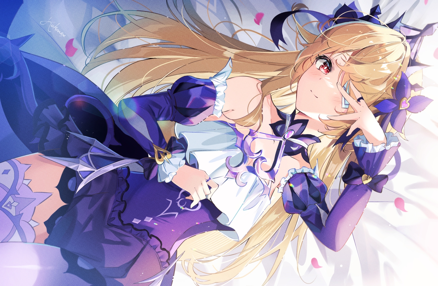 blonde_hair, blush, dress, eyepatch, fischl_(genshin_impact), genshin_impact, headdress, long_hair, petals, red_eyes, signed, starlight_crystalz, thighhighs