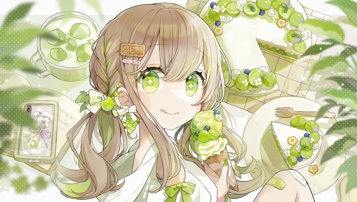 bandaid, book, braids, brown_hair, cake, chon_(chon33v), drink, food