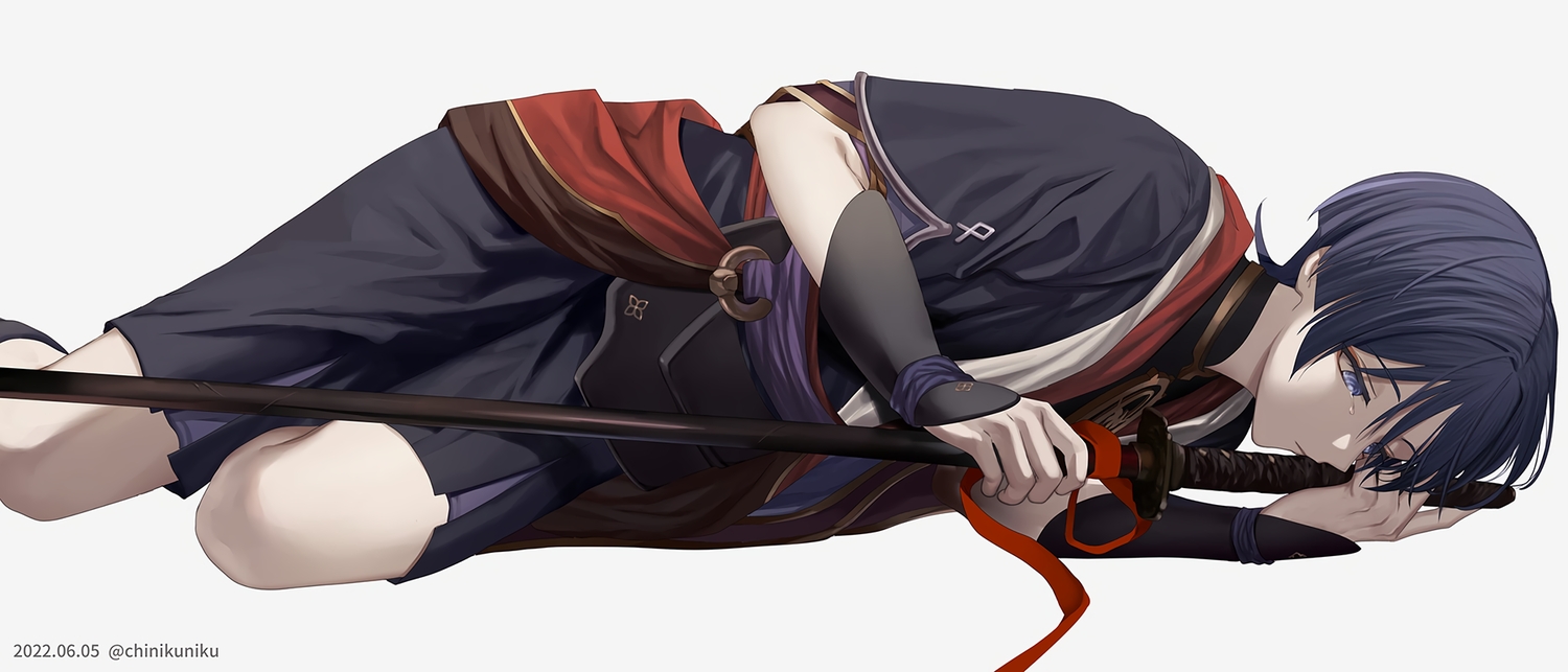 all_male, armor, black_hair, blue_eyes, chinikuniku, crying, genshin_impact, japanese_clothes, katana, male, ribbons, scaramouche_(genshin_impact), short_hair, shorts, sword, tears, watermark, weapon