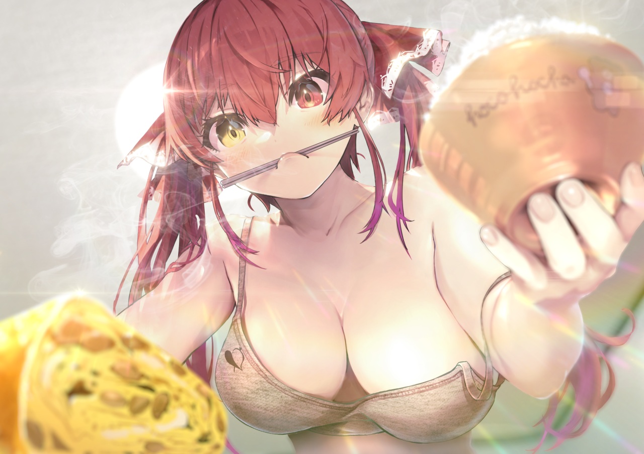 bicolored_eyes, breasts, cleavage, close, food, hololive, houshou_marine, long_hair, red_eyes, red_hair, twintails, wankosukii, yellow_eyes