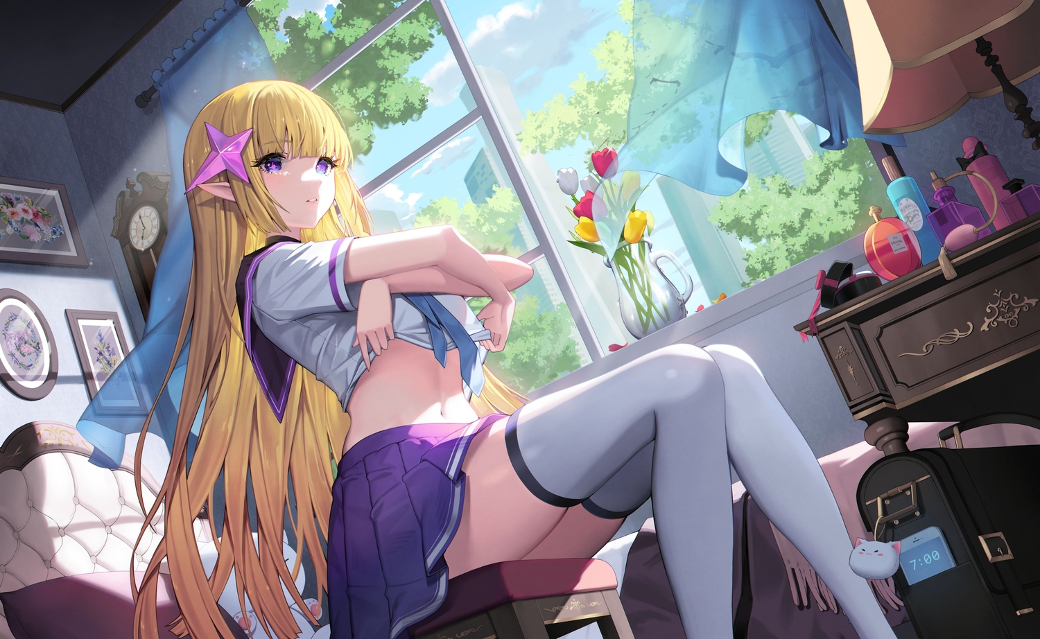 arena_of_valor, bed, blonde_hair, blue_eyes, clouds, flowers, long_hair, navel, pointed_ears, school_uniform, shirt_lift, skirt, sky, tel'annas_(arena_of_valor), thighhighs, undressing, yuri_(chocho_q)