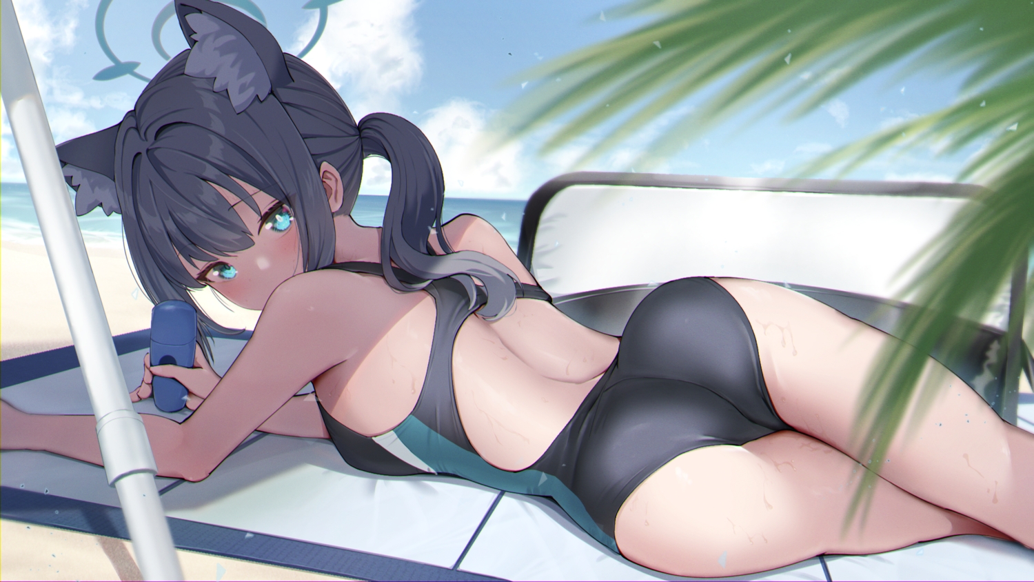 animal_ears, ass, bananafish1111, beach, blue_archive, blue_eyes, halo, sunaookami_shiroko, swimsuit, wet, wolfgirl
