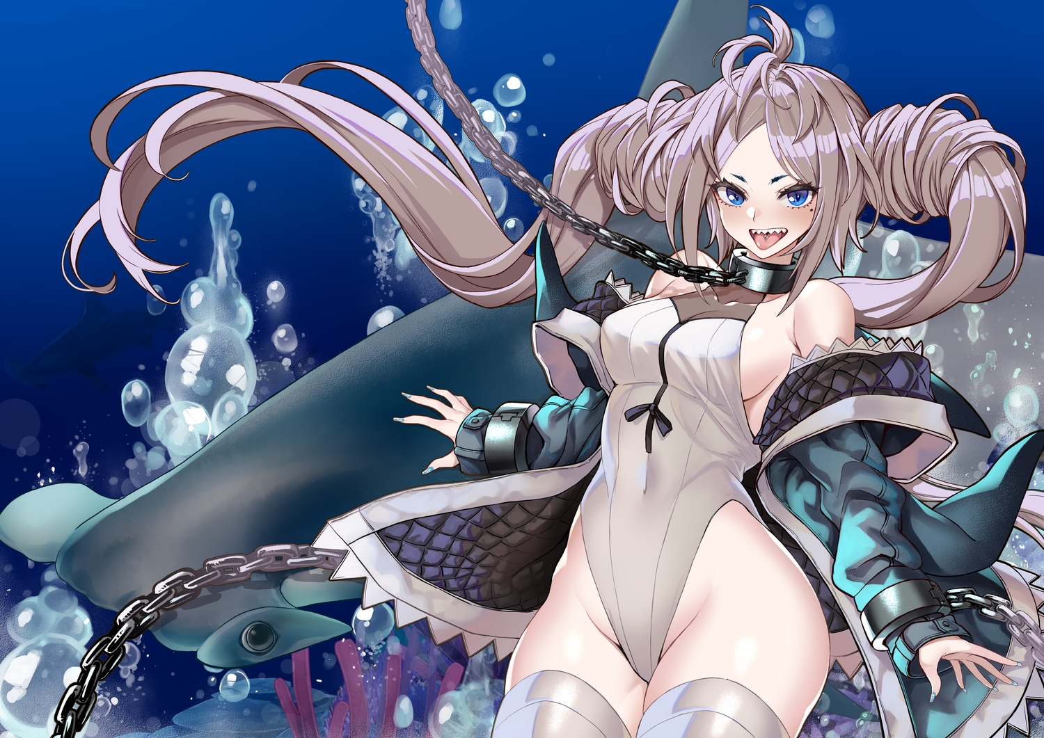 animal, anthropomorphism, blue_eyes, breasts, bubbles, chain, fang, fish