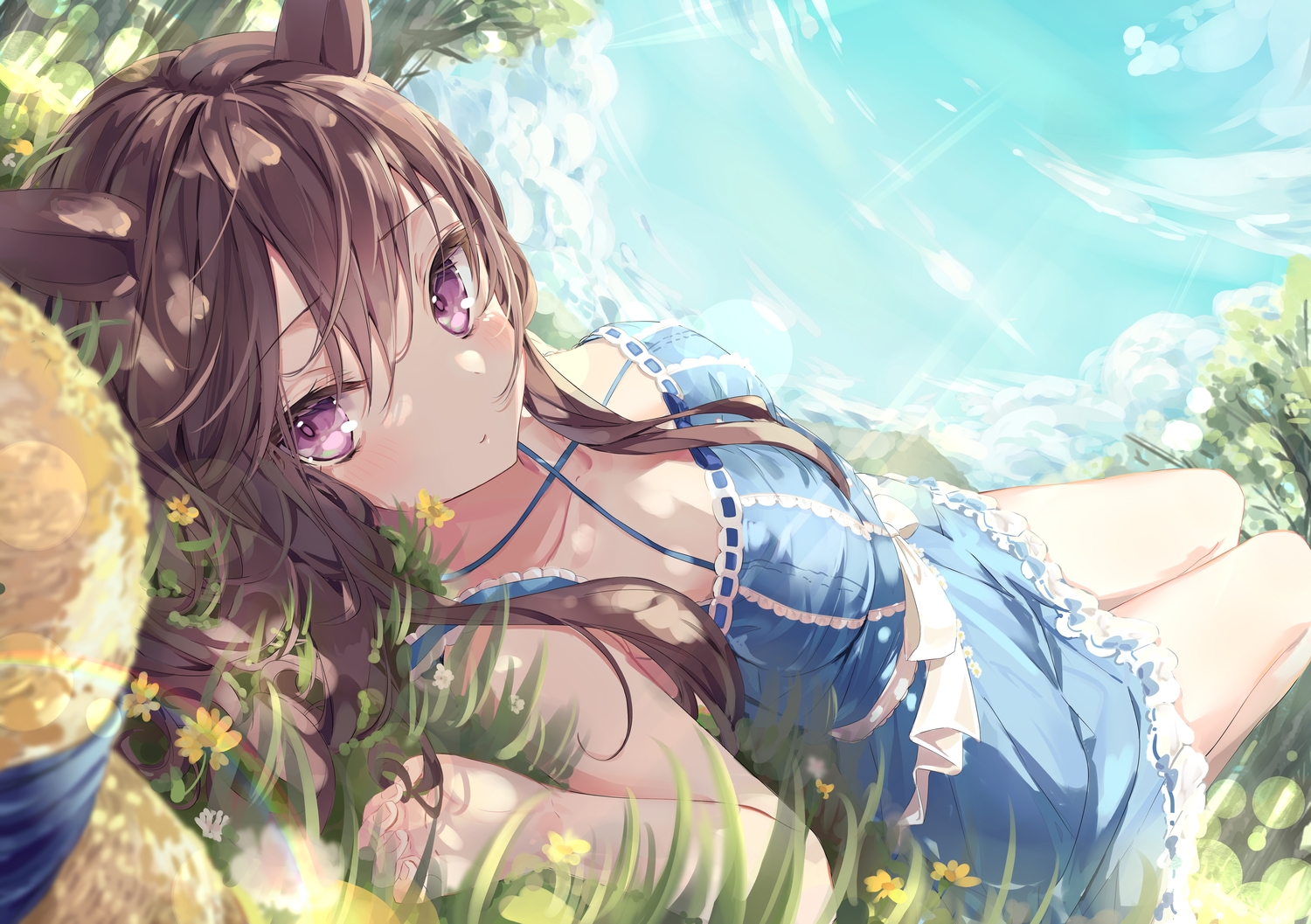 animal_ears, anthropomorphism, brown_hair, clouds, dress, flowers, grass, hat, long_hair, mejiro_dober_(umamusume), mikami_hotaka, purple_eyes, sky, summer, tree, uma_musume:_pretty_derby