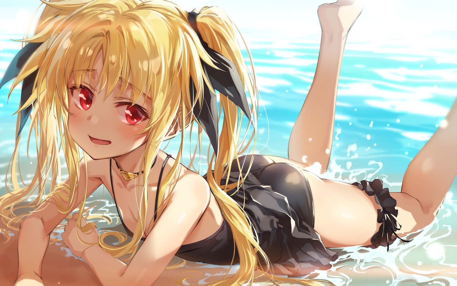 ass, beach, blonde_hair, blush, breasts, choker, cleavage, dress