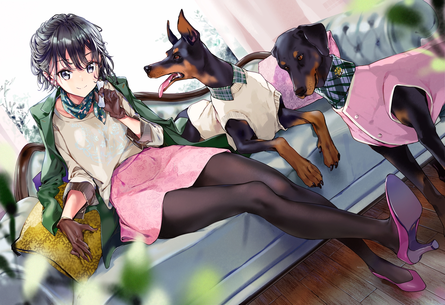 adagaki_aki, animal, black_hair, couch, dog, gloves, masamune-kun_no_revenge, pantyhose
