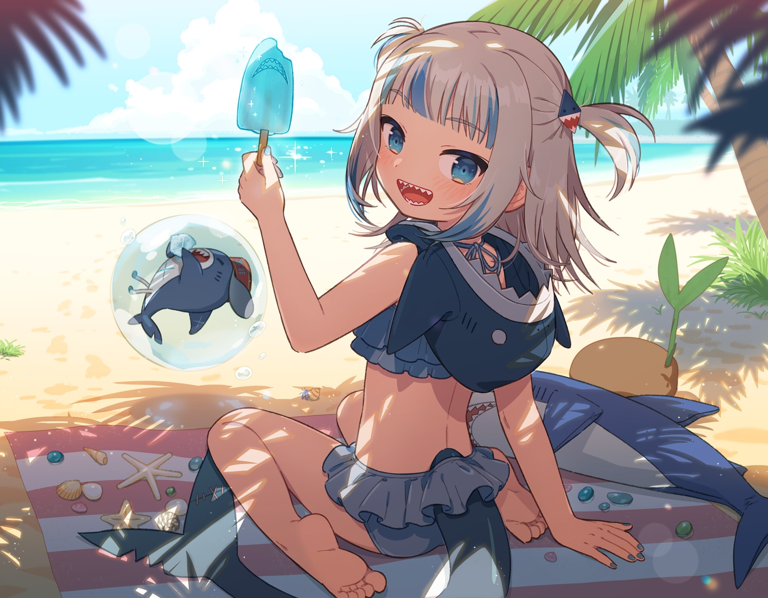 barefoot, beach, bikini, blue_eyes, blush, clouds, gawr_gura, gray_hair