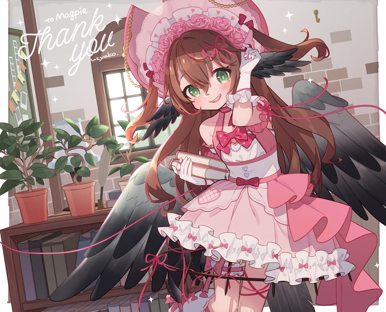 blush, book, bow, brown_hair, chain, cropped, dress, elbow_gloves, flowers, garter, gloves, green_eyes, headdress, leaves, lolita_fashion, long_hair, magpie_(vtuber), ribbons, rose, signed, twintails, uchako, waifu2x, wings