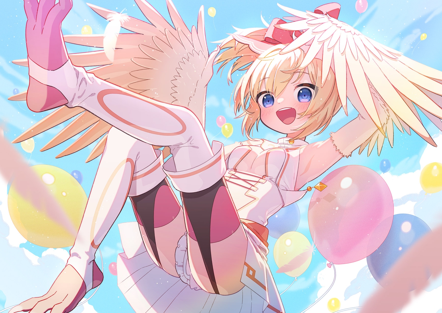 barefoot, blonde_hair, blue_eyes, blush, clouds, feathers, garter_belt, mavia_(vtuber), ponytail, skirt, sky, thighhighs, uchako, wings