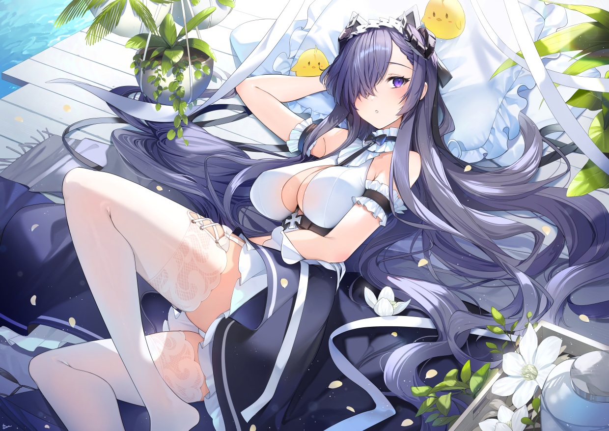 aliasing, animal, anthropomorphism, august_von_parseval_(azur_lane), azur_lane, bed, bird, flowers, garter_belt, headband, hu_kotora, long_hair, maid, manjuu_(azur_lane), no_bra, purple_eyes, purple_hair, spread_legs, stockings, water