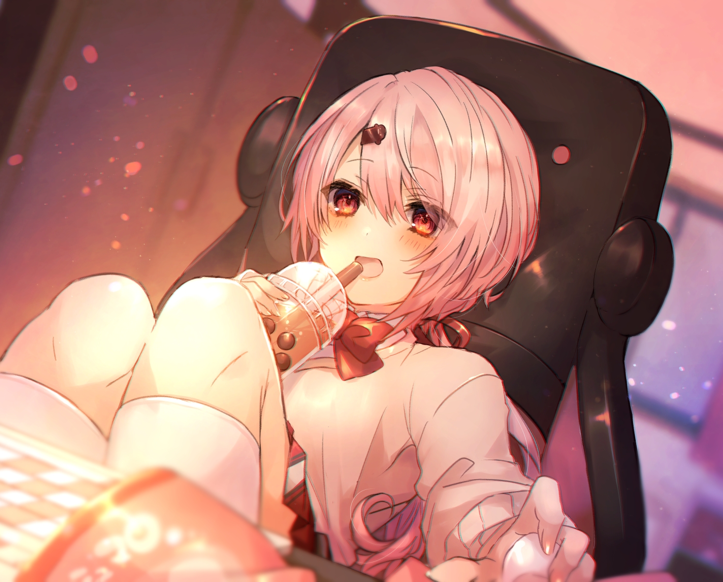 bow, drink, long_hair, nijisanji, pink_hair, ponytail, red_eyes, school_uniform